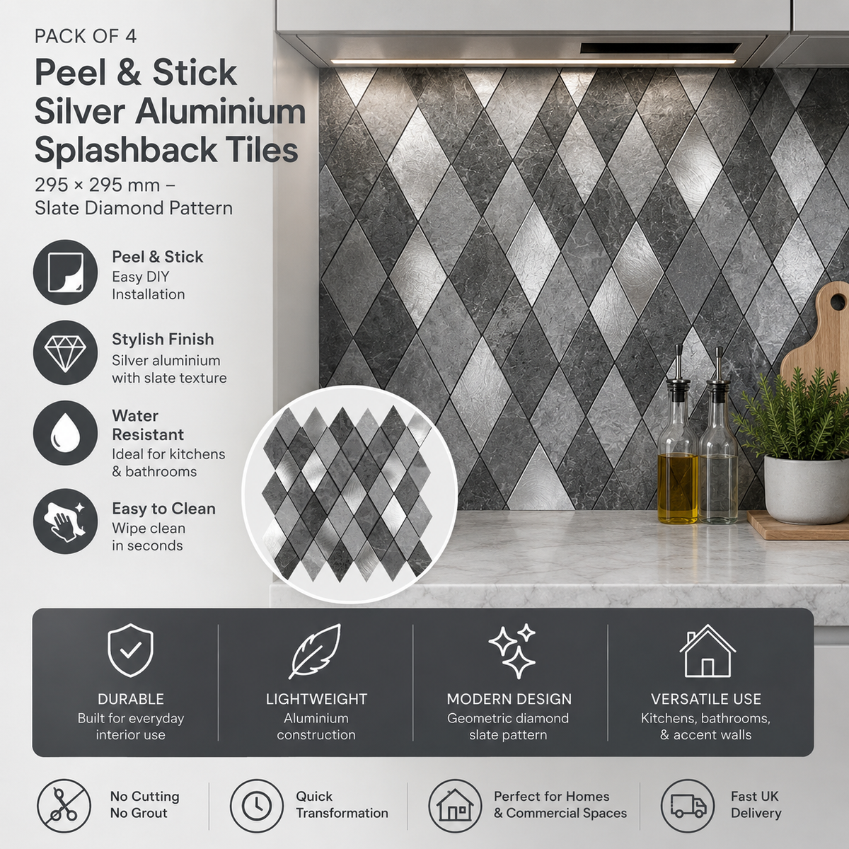 Pack of 4 Silver Slate Diamond Pattern Peel & Stick Aluminum Tile Size:295 x 295 x 4.5 mm