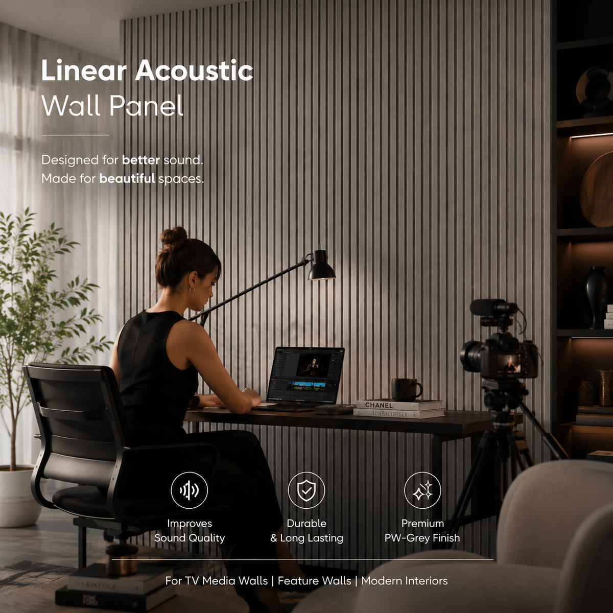 Linear Acoustic Wall Panel -  PET + MDF, Light Gray Wood Grain Size: 2400*600*21mm Pack of 2