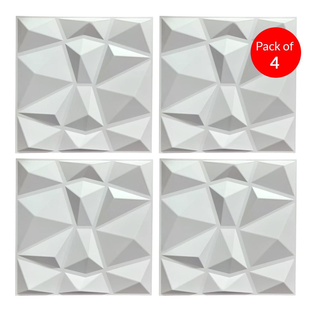 Pack of 4, 3D PVC Wall Panel – Faceted Diamond Design | White | 500 x 500 mm | Waterproof & Lightweight