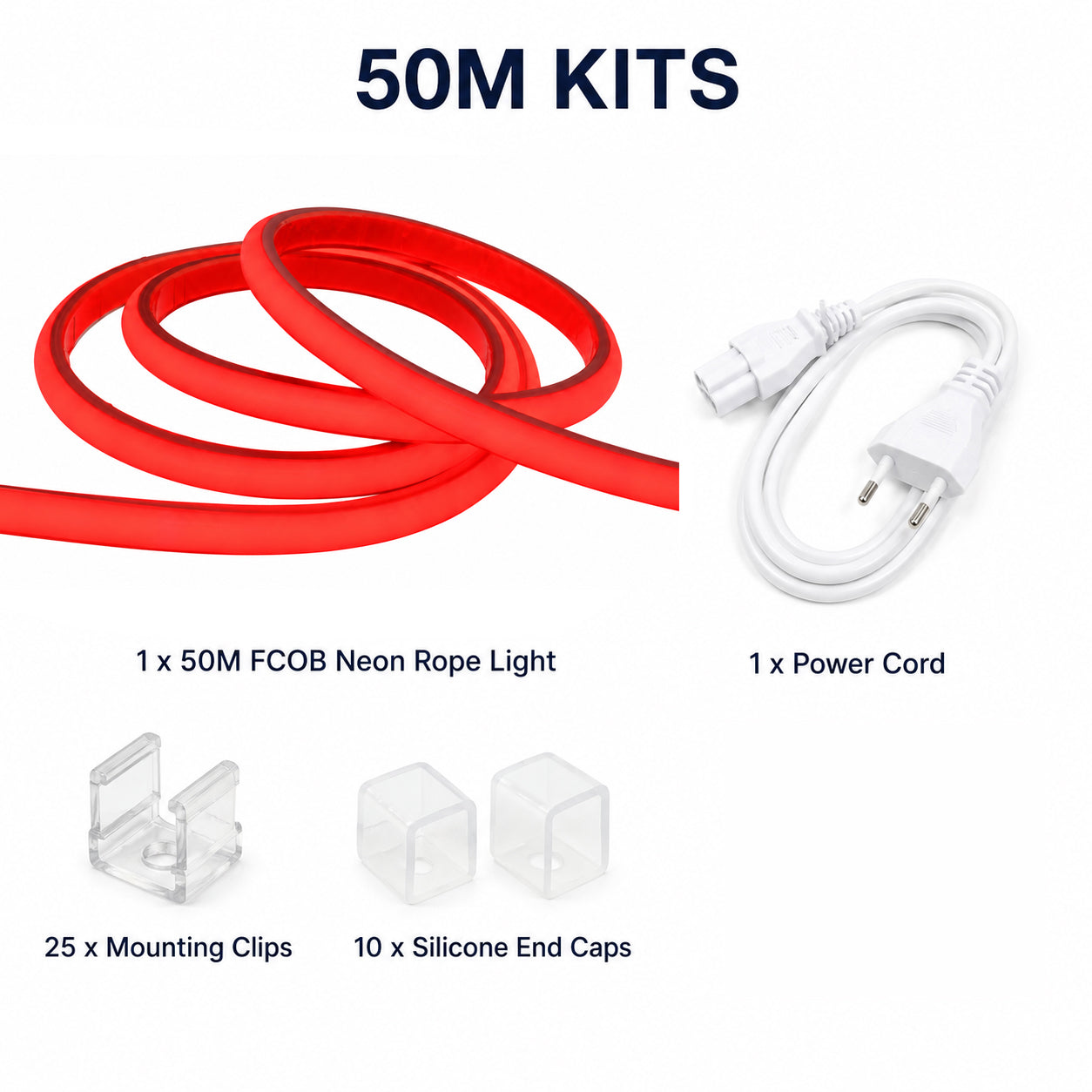 50M FCOB Neon Rope Light Kit, 10W/M, 800Lm/M, Red with 1 power cord, 25 Holders and 10 end caps