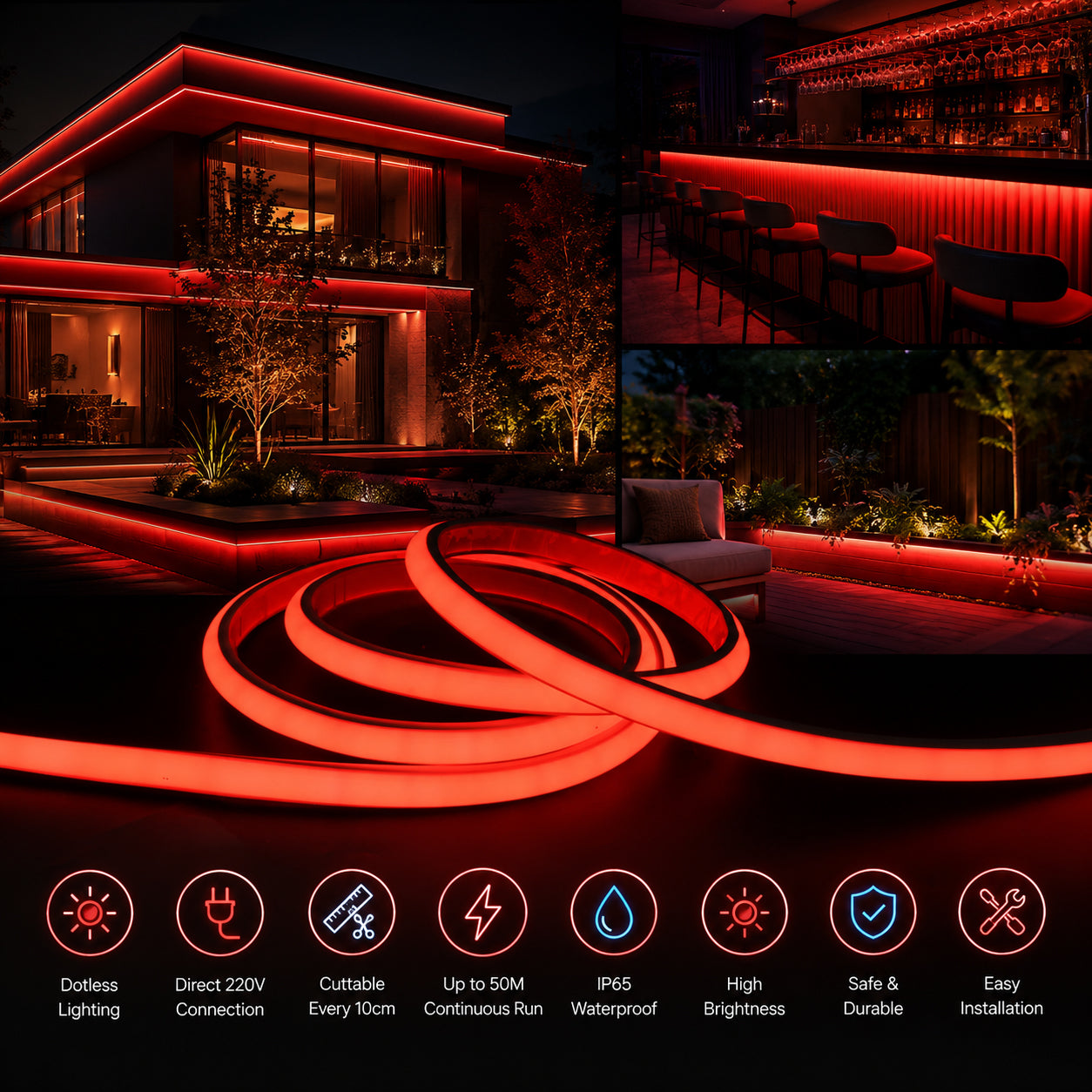 50M FCOB Neon Rope Light Kit, 10W/M, 800Lm/M, Red with 1 power cord, 25 Holders and 10 end caps