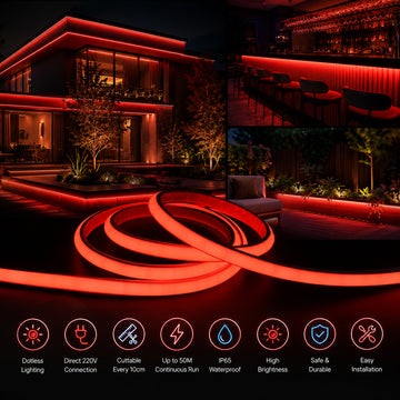 50M FCOB Neon Rope Light Kit, 10W/M, 800Lm/M, Red with 1 power cord, 25 Holders and 10 end caps