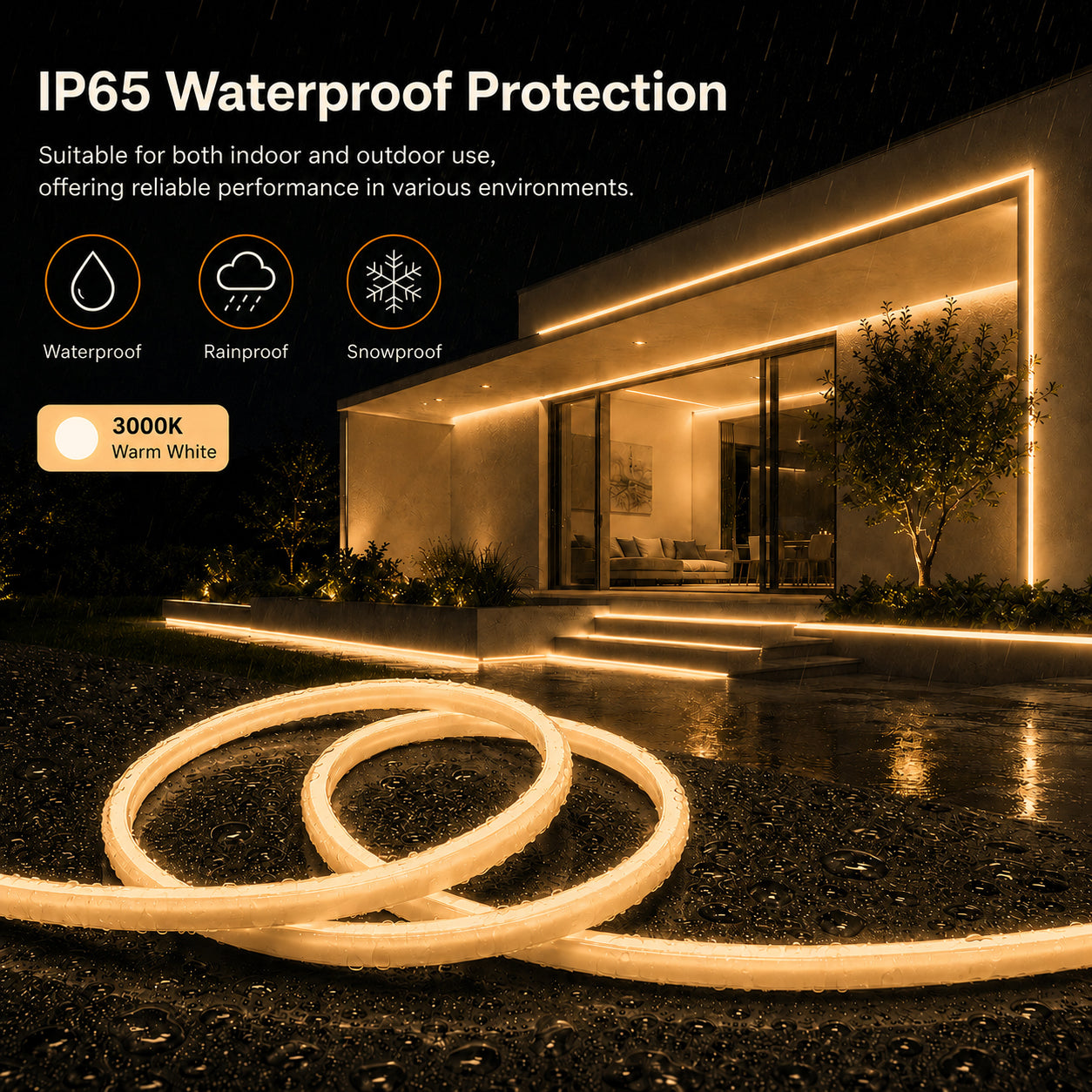 10M FCOB Neon Rope Light Kit, 10W/M, 800Lm/M, 3000K with 1 power cord, 5 Holders and 2 end caps