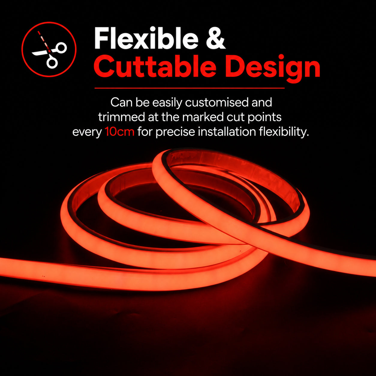 50M FCOB Neon Rope Light Kit, 10W/M, 800Lm/M, Red with 1 power cord, 25 Holders and 10 end caps