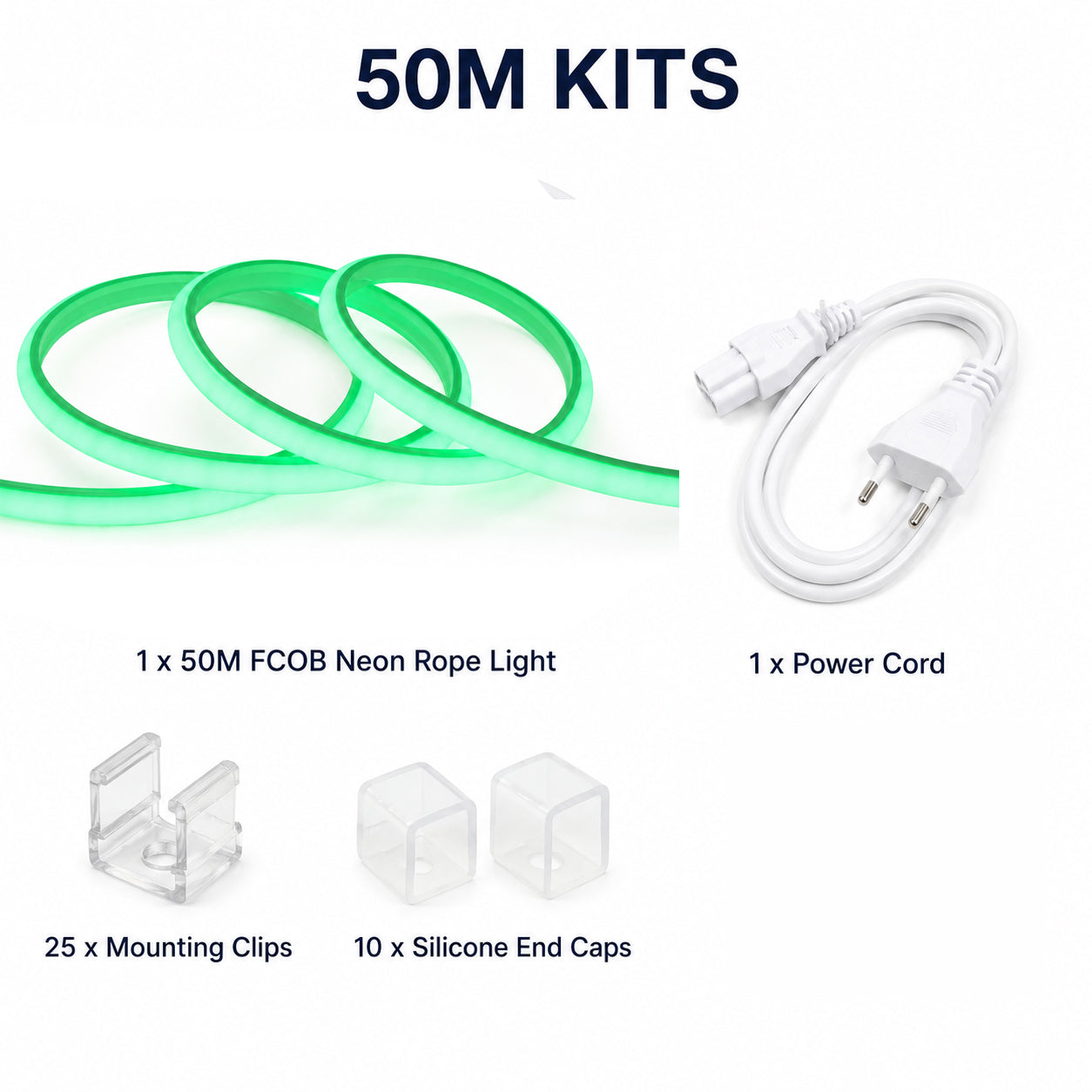 50M FCOB Neon Rope Light Kit, 10W/M, 800Lm/M, Green with 1 power cord, 25 Holders and 10 end caps