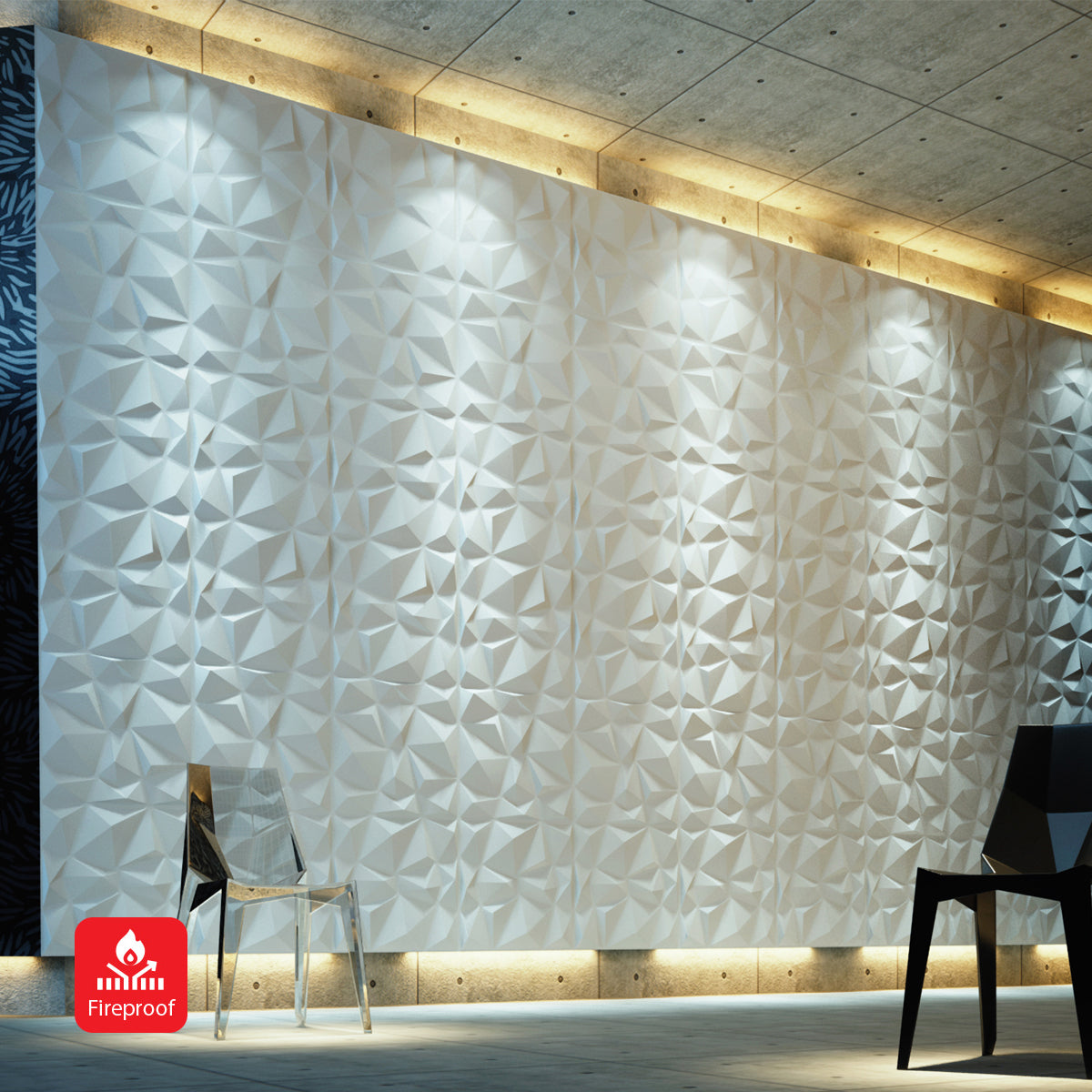 Pack of 4, 3D PVC Wall Panel – Faceted Diamond Design | White | 500 x 500 mm | Waterproof & Lightweight