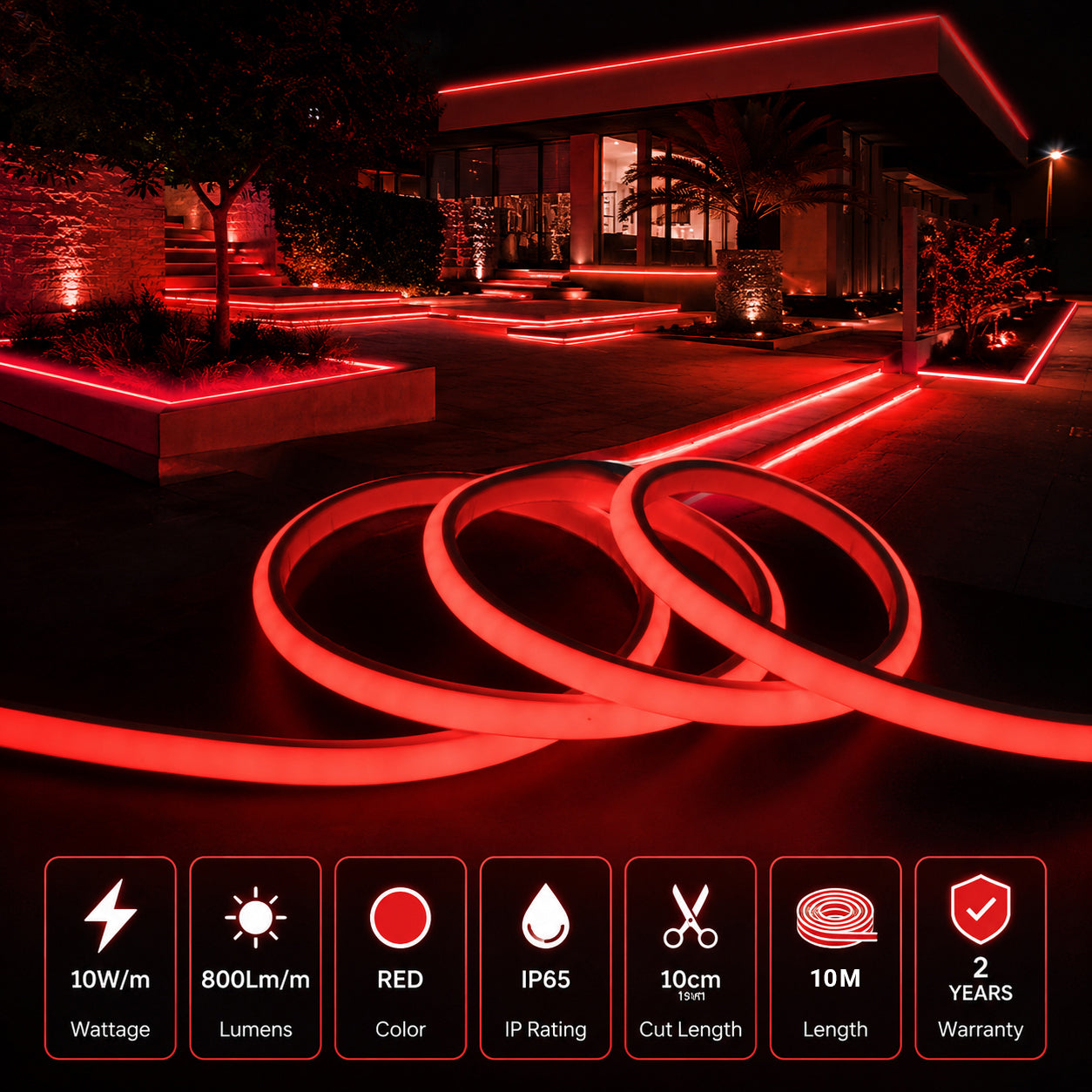 10M FCOB Neon Rope Light Kit, 10W/M, 800Lm/M, Red with 1 power cord, 5 Holders and 2 end caps