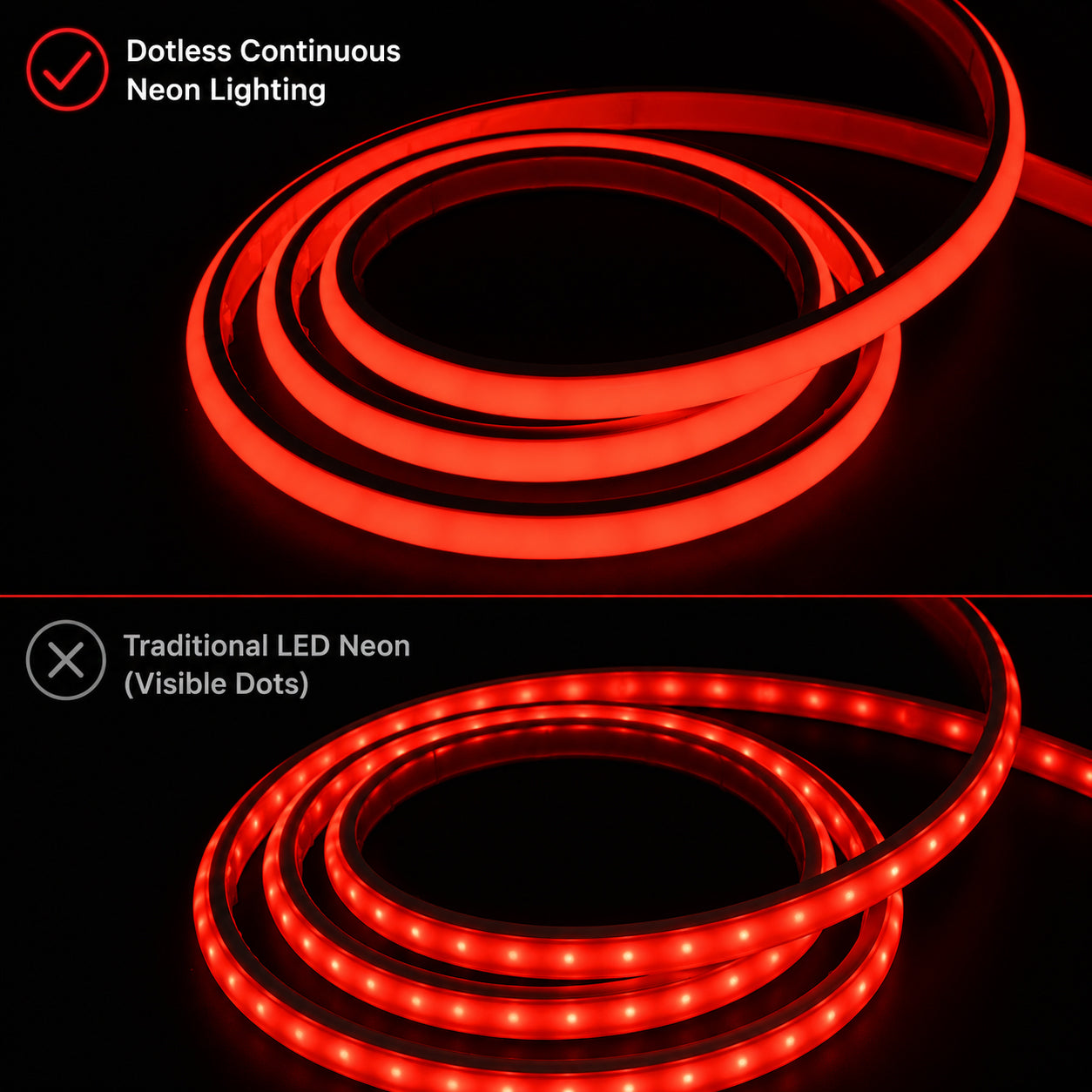 10M FCOB Neon Rope Light Kit, 10W/M, 800Lm/M, Red with 1 power cord, 5 Holders and 2 end caps