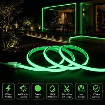 10M FCOB Neon Rope Light Kit, 10W/M, 800Lm/M, Green with 1 power cord, 5 Holders and 2 end caps