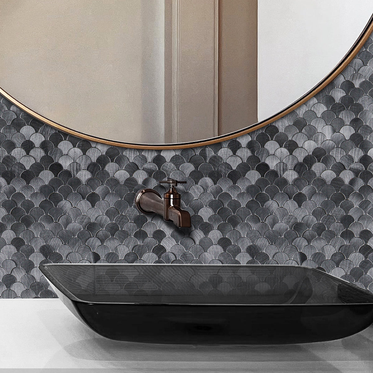 Pack of 4, Reflective Scallop-Pattern Peel & Stick Aluminum Tile Size:295 x 300 x 4 mm