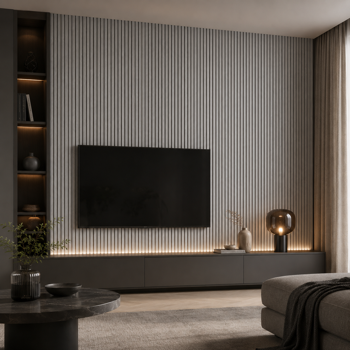 Linear Acoustic Wall Panel -  PET + MDF, Light Gray Wood Grain Size: 2400*600*21mm Pack of 2