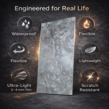 Pack of 2, BRITWALL Charcoal-Toned Flexible Marble Wall Panel Sheet | Soft PU Stone | 1200 x 600 mm | Ultra Lightweight, Waterproof, Heat & Scratch Resistant | DIY Friendly Decorative Wall Cladding