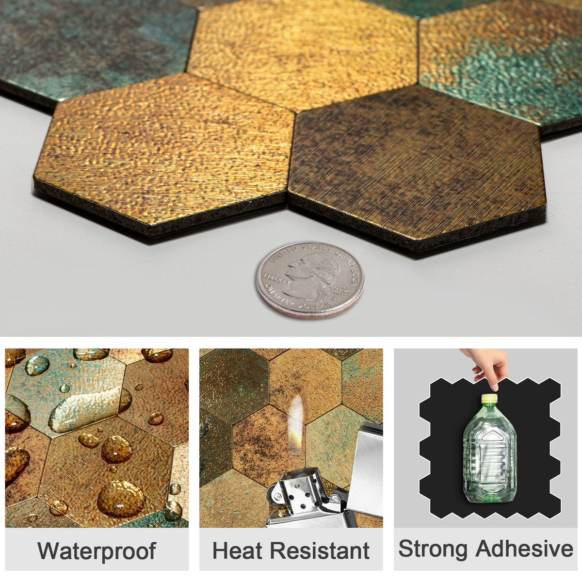 Pack of 4 Hexagon Mixed Bronze Peel & Stick Aluminum Mosaic Tile Size: 290 × 288 × 3.5 mm