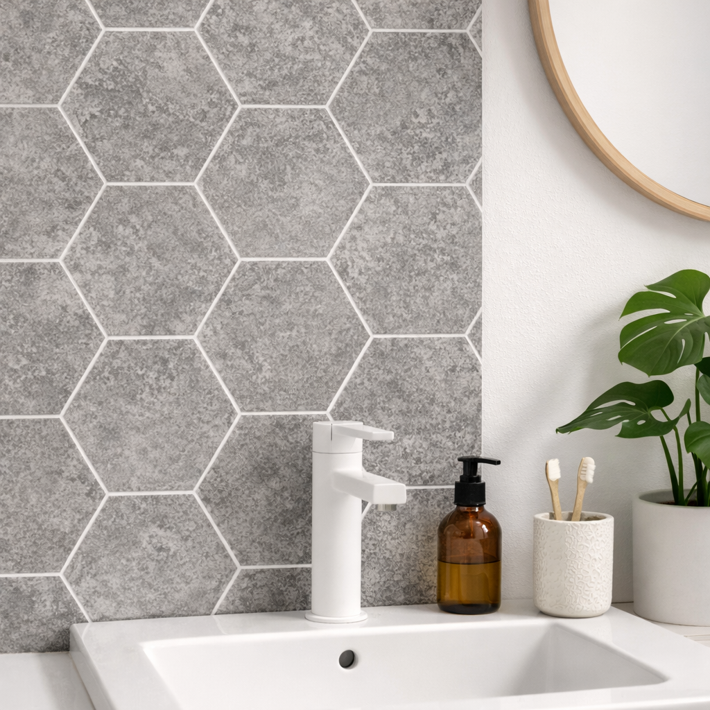 BRITWALL PVC Shower Panels Pack of 3 Dark Grey Hexagon Waterproof Bathroom Wall Cladding 2400x1000x10mm