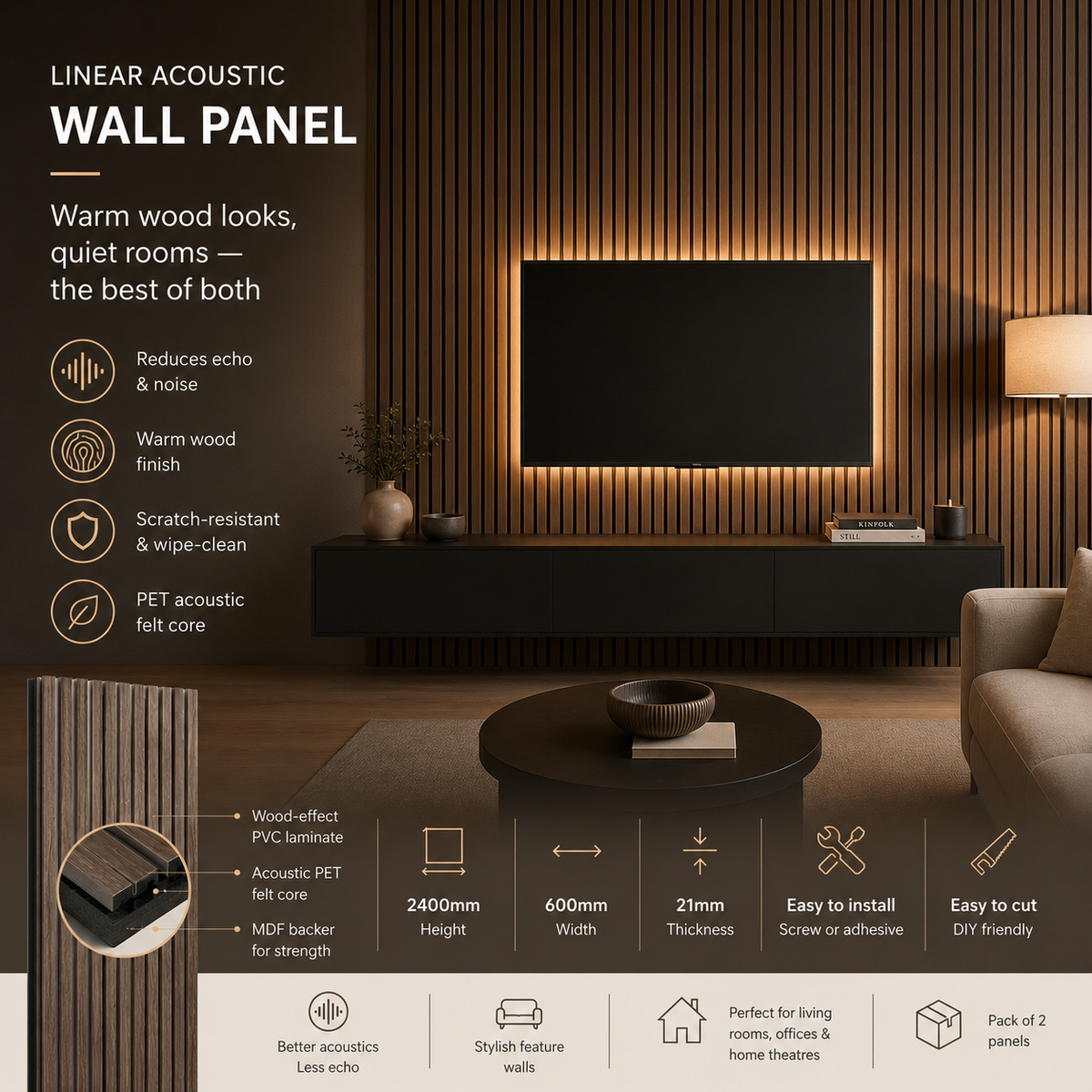 Linear Acoustic Wall Panel -  PET + MDF, Warm Brown Wood Grain Size: 2400*600*21mm Pack of 2