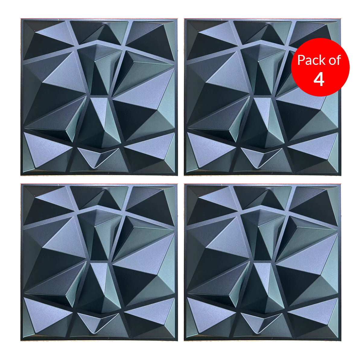 Pack of 4, 3D PVC Wall Panel – Faceted Diamond Design | Black | 500 x 500 mm | Waterproof & Lightweight