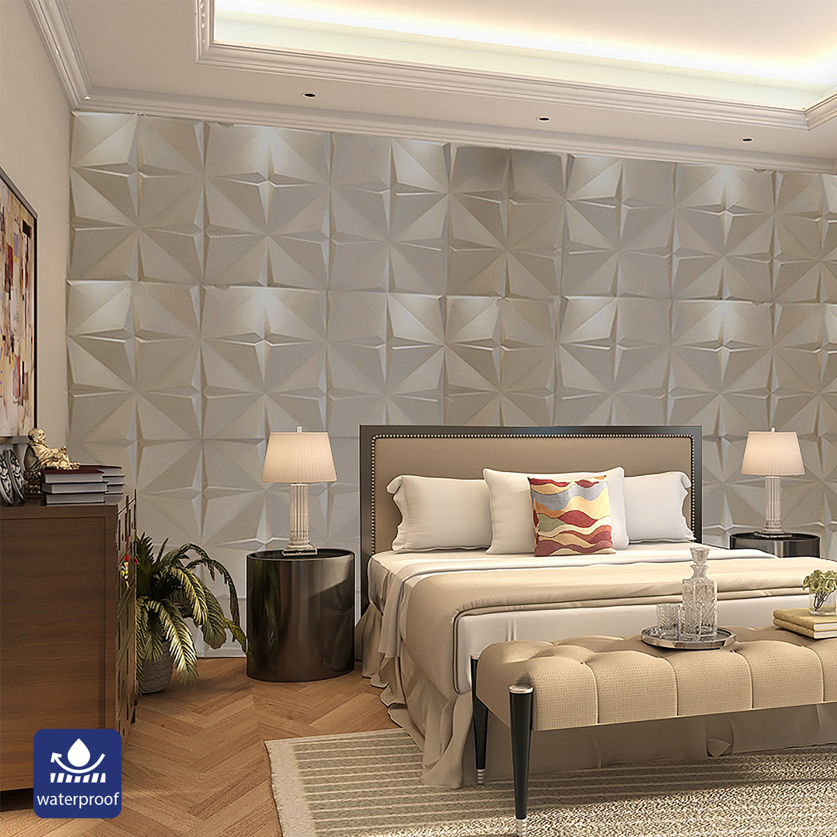 Pack of 4, Artistic 3D Geometric Relief PU Leather Wall Panels – Cream | 600 x 600 mm | 20mm Thickness | Elegant & Soundproof