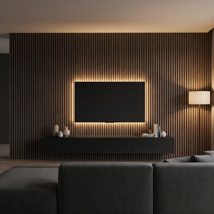 Linear acoustic panel media wall behind TV