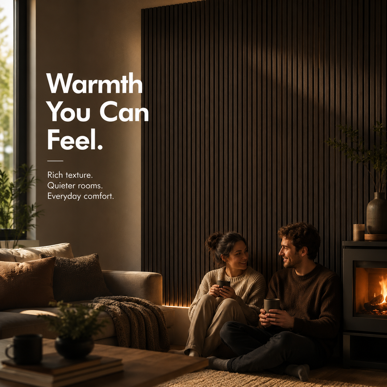 Couple sitting in a cozy living room with a fireplace and dark acoustic wall panel, text about warmth.