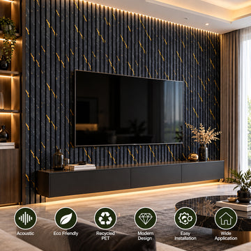 Britwall Linear Acoustic Wall Panel Black Gold Marble Design 2400x600x21mm Pack of 2