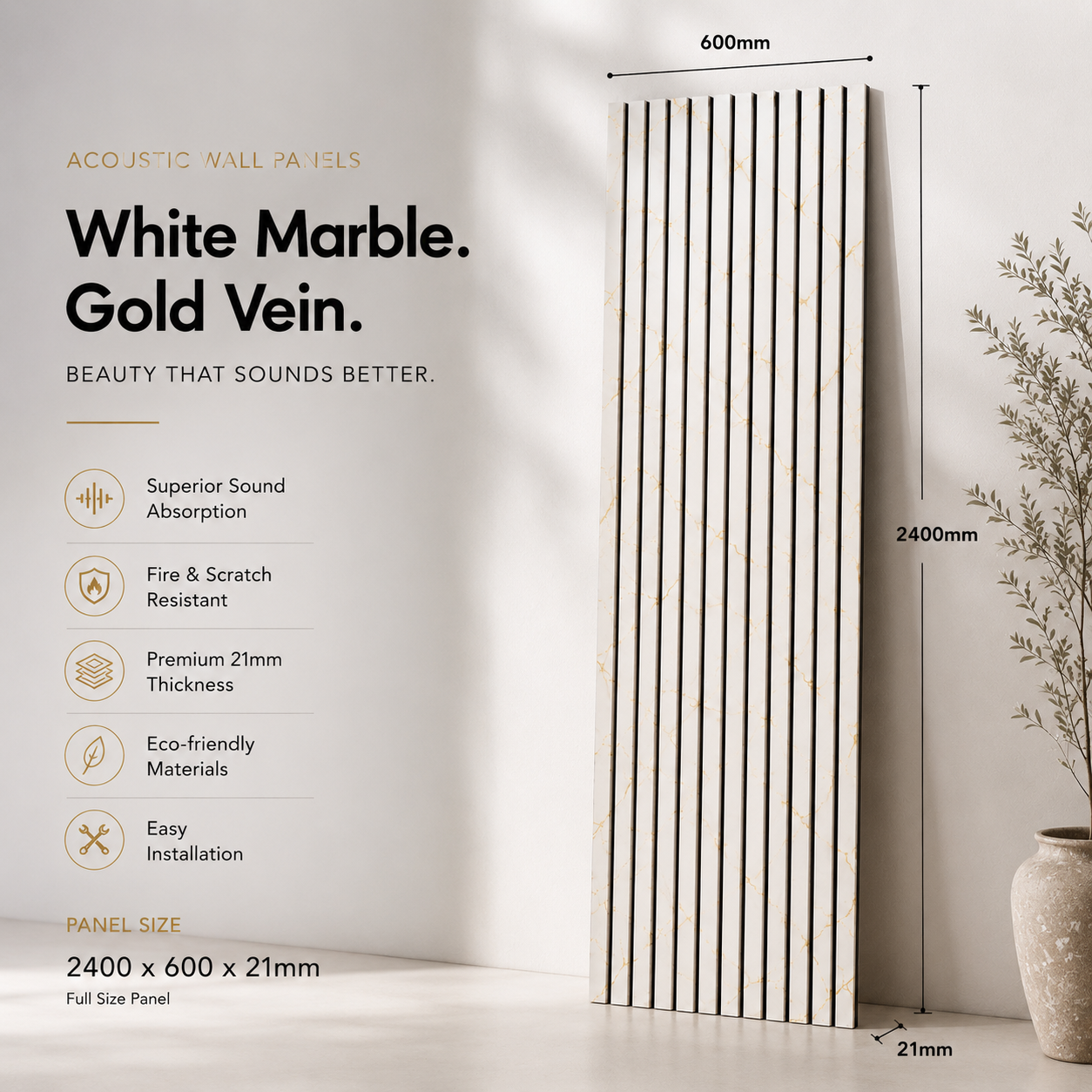 Acoustic wall panel with white marble and gold vein design, featuring dimensions and benefits.