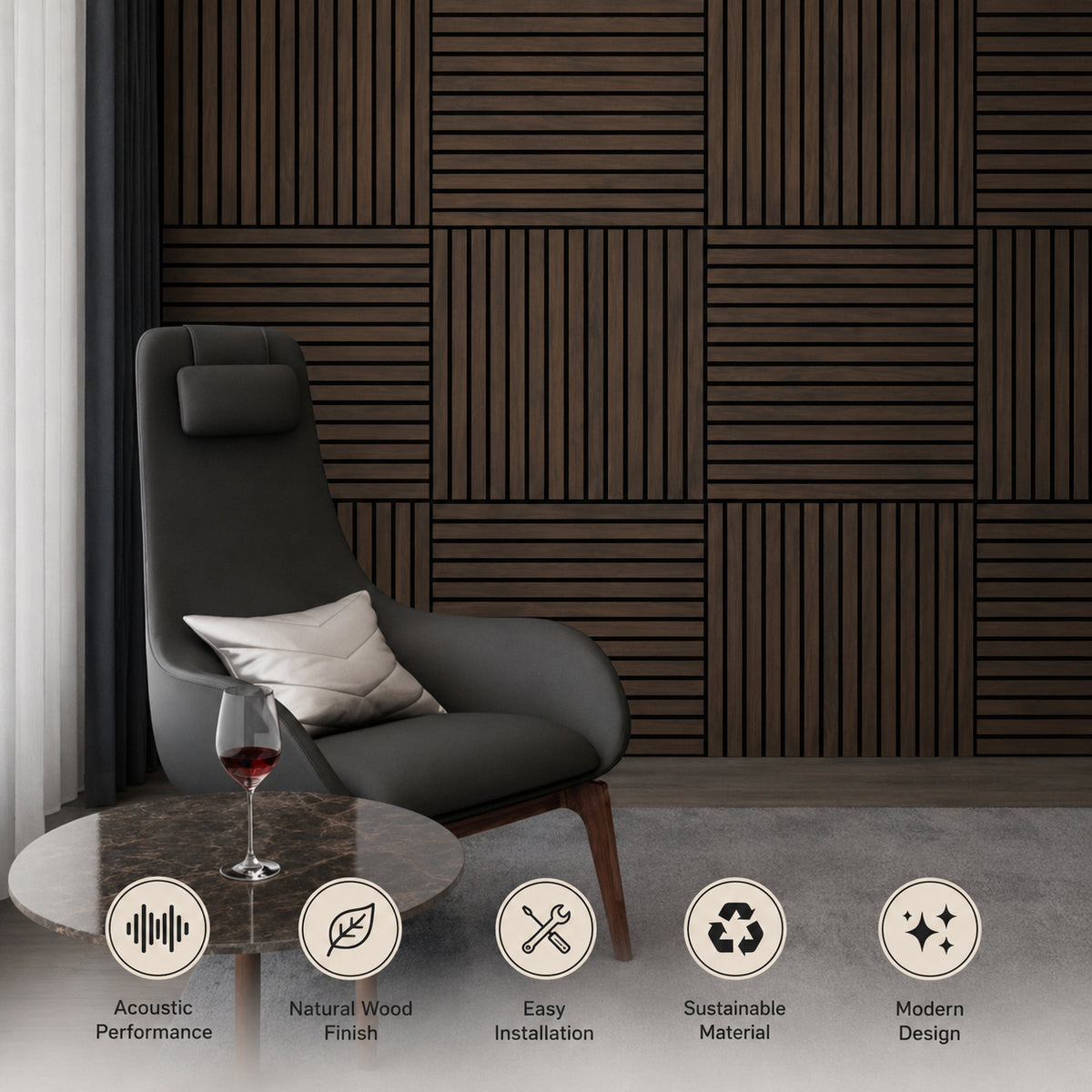 Britwall QuadraLine Acoustic Wall Panel Walnut Oak Noise Reducing Slatted Interior Panel 600x600mm Packo f 2 - Pack of 2