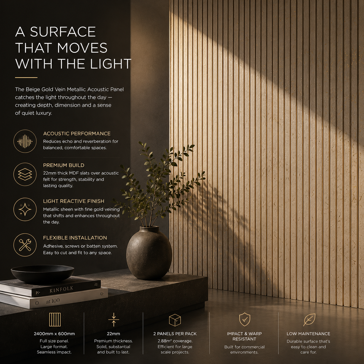 Beige gold vein metallic acoustic panel with text on acoustics and installation, in a room setting.