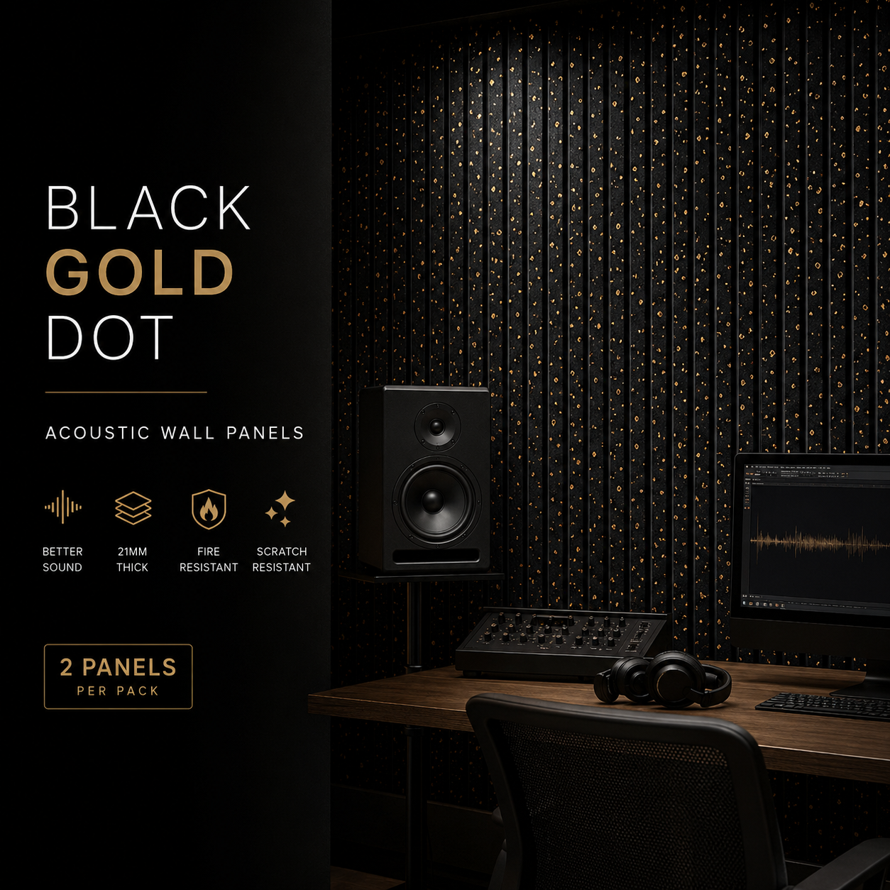 Acoustic wall panels with black gold dots in a home studio setting.