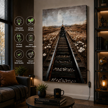 Britwall LED Wall Art Train on Tracks Illuminated Canvas 80x120cm with UK Plug & ON Off Switch