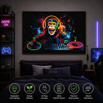 Britwall LED Wall Art DJ Monkey Illuminated Canvas 123x83cm with UK Plug & ON Off Switch