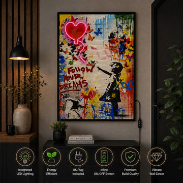 Britwall LED Wall Art Girl Follow Your Dreams Illuminated Canvas 61.6x91.6cm with UK Plug & ON Off Switch