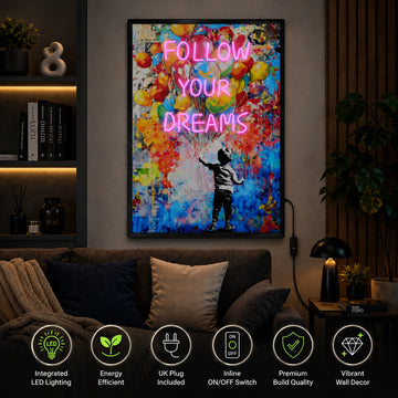 Britwall LED Wall Art Boy Follow Your Dreams Illuminated Canvas 63x93cm with UK Plug & ON Off Switch