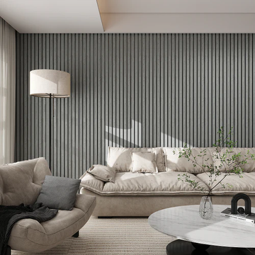 Modern living room with a beige sofa, armchair, and acoustic wallpaper.