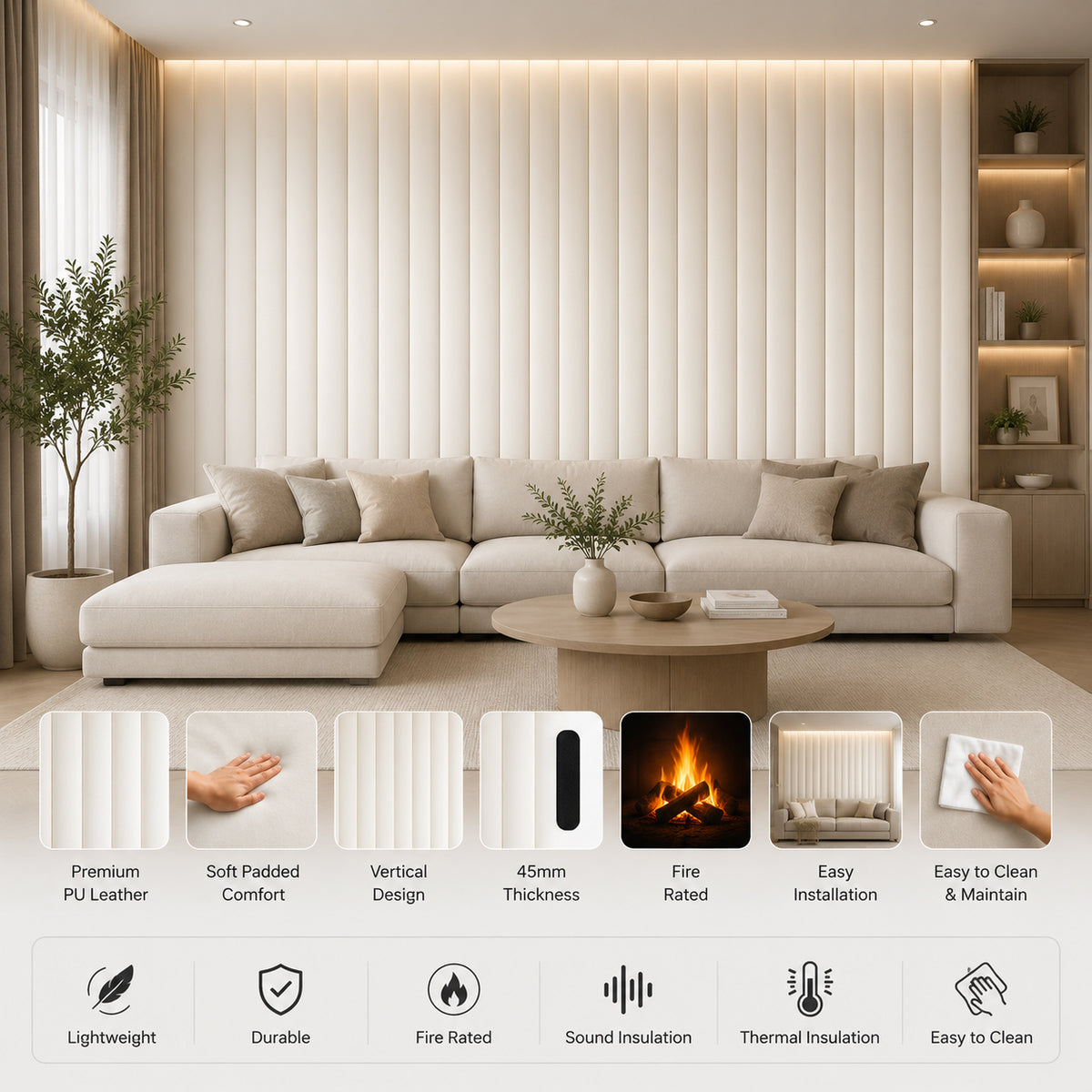 BRITWALL CastleCurve Wall Panel Soft Ecru Mist Decorative Feature Wall Panel Interior Cladding 500x2400x45mm - Pack of 2