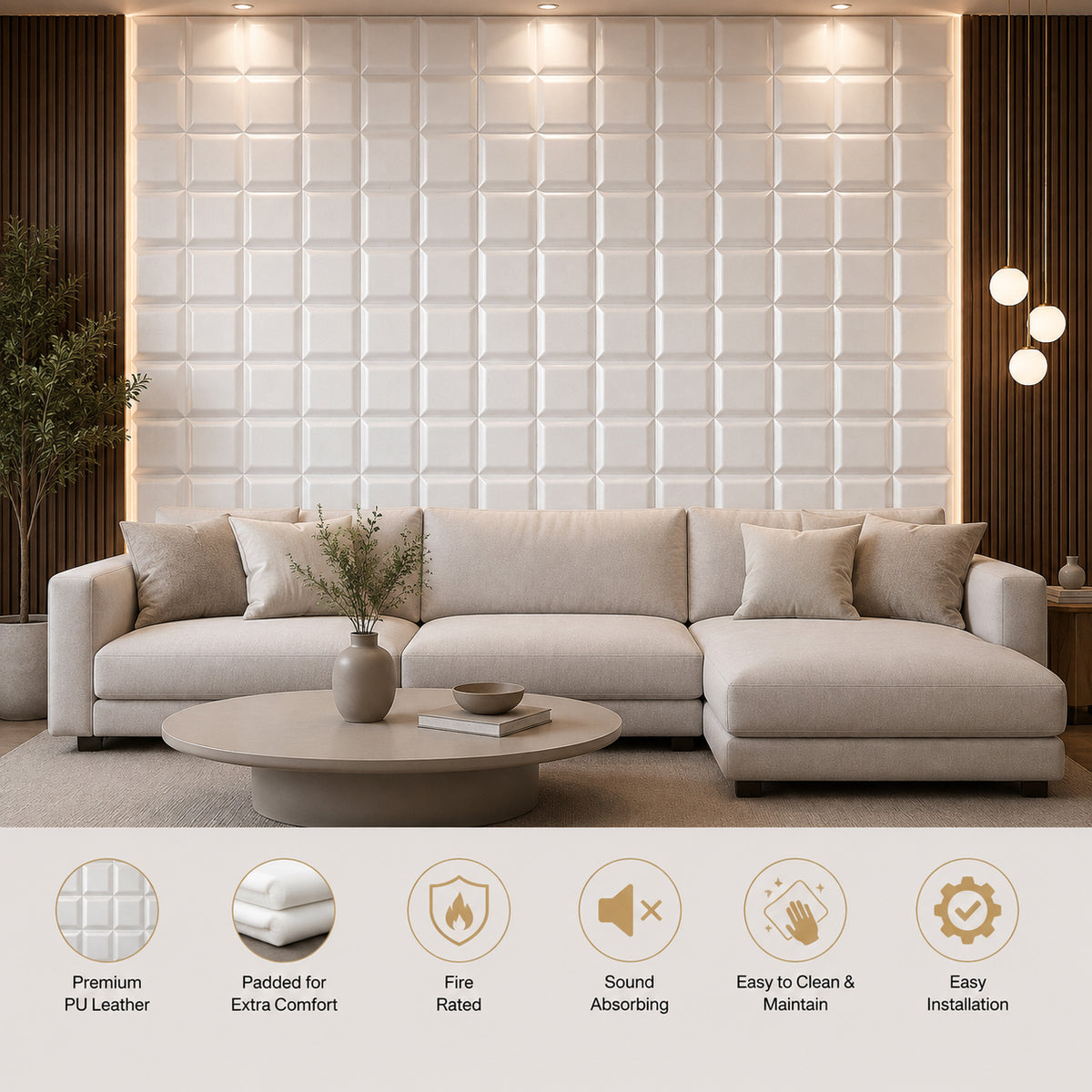 BRITWALL GridForm Self Adhesive Wall Panel Soft Ecru Mist Geometric Feature Wall Cladding 600x2400x20mm - Pack of 2