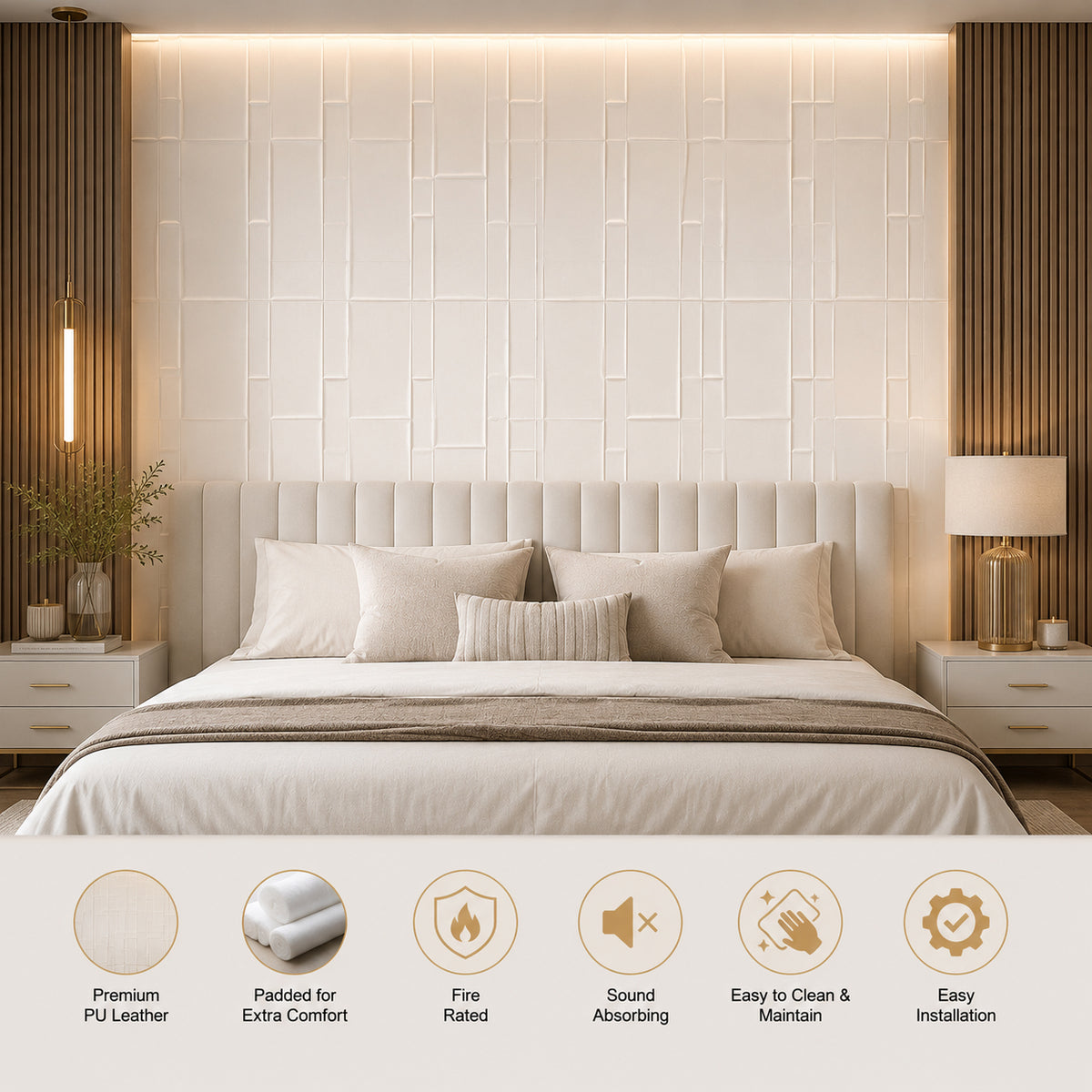BRITWALL SlimLine Self Adhesive Wall Panel Champagne Cream Slim Profile Decorative Interior Wall Cladding 600x2400x12mm - Pack of 2