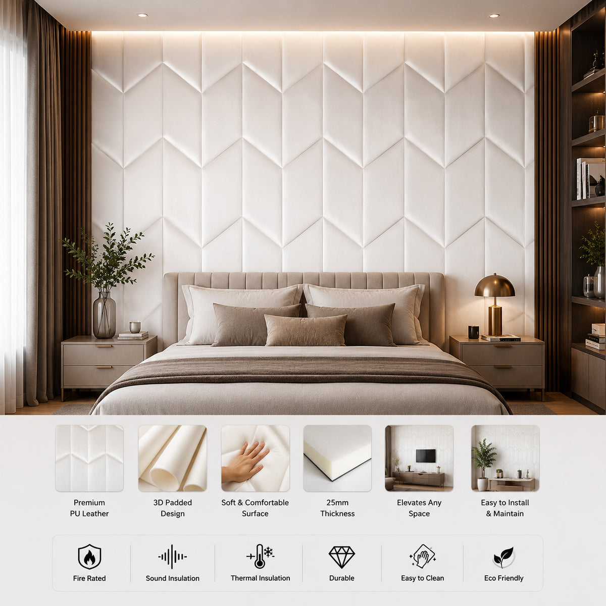 BRITWALL UrbanEdge Self Adhesive Wall Panel Ivory Silk Decorative Feature Wall Panel Interior Cladding 600x2400x25mm - Pack of 2