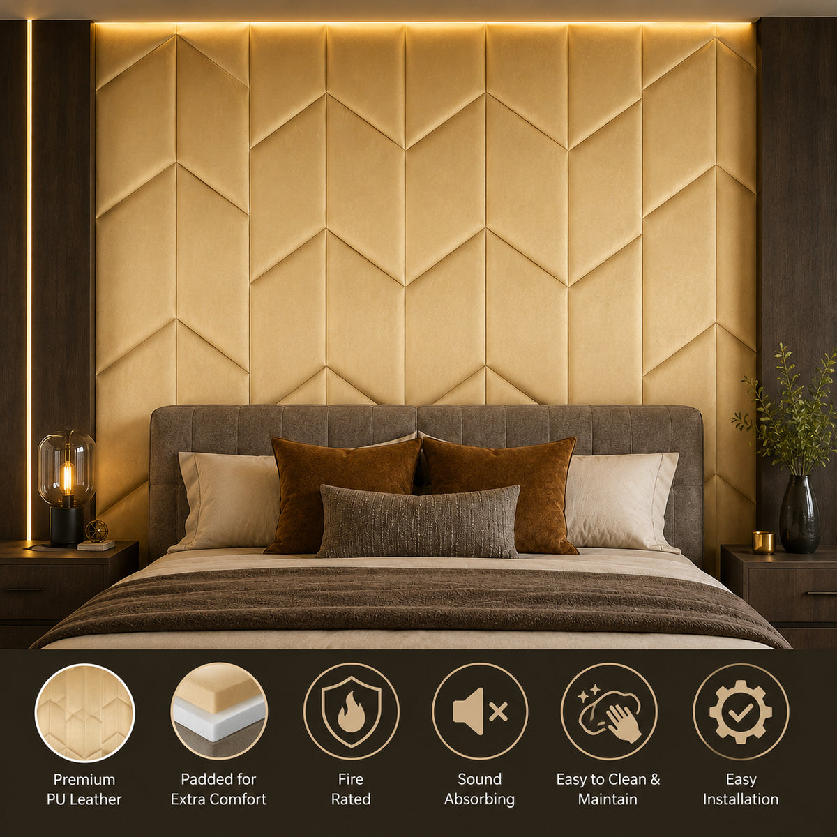 BRITWALL UrbanEdge Self Adhesive Wall Panel Suede Gold Decorative Feature Wall Panel Interior Cladding 600x2400x25mm - Pack of 2