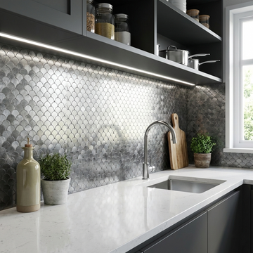 Pack of 4 Peel & Stick Aluminium Tile 295 × 300 mm – Reflective Scallop Pattern Peel