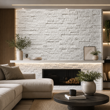 Modern living room with white pu stone with fireplace and decorative elements