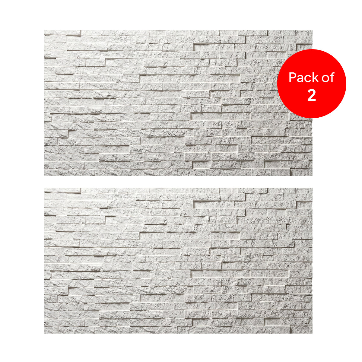 Two panels of stacked pu stone, in white colour for wall covering with a red 'Pack of 2' label.