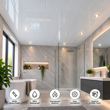 Britwall PVC Ceiling Panel White Gloss Waterproof Interior Cladding – 2700 x 250mm Ceiling Panels for Bathrooms, Kitchens & Commercial Spaces