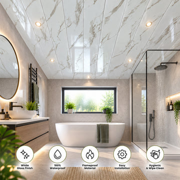 Britwall PVC Ceiling Panel Carrara Marble Effect Gloss Waterproof Interior Cladding – 2700 x 250mm Ceiling Panels for Bathrooms, Kitchens & Modern Interiors