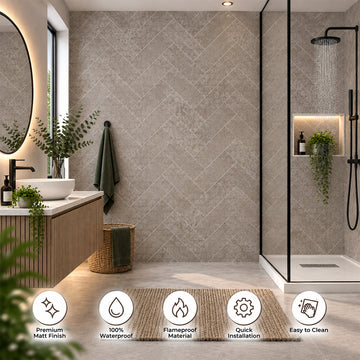 BRITWALL PVC Shower Panels Pack of 3 Light Beige Herringbone Waterproof Bathroom Wall Cladding 2400x1000x10mm