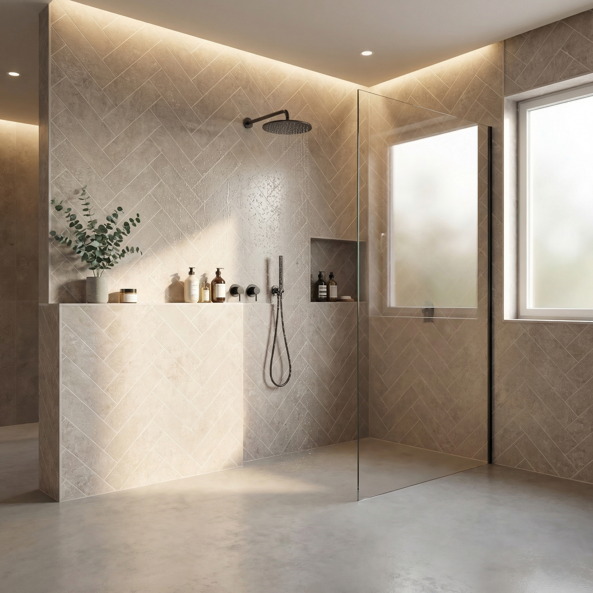 Modern bathroom with Light Beige Herringbone PVC Shower panel, a shower area, and decorative elements.