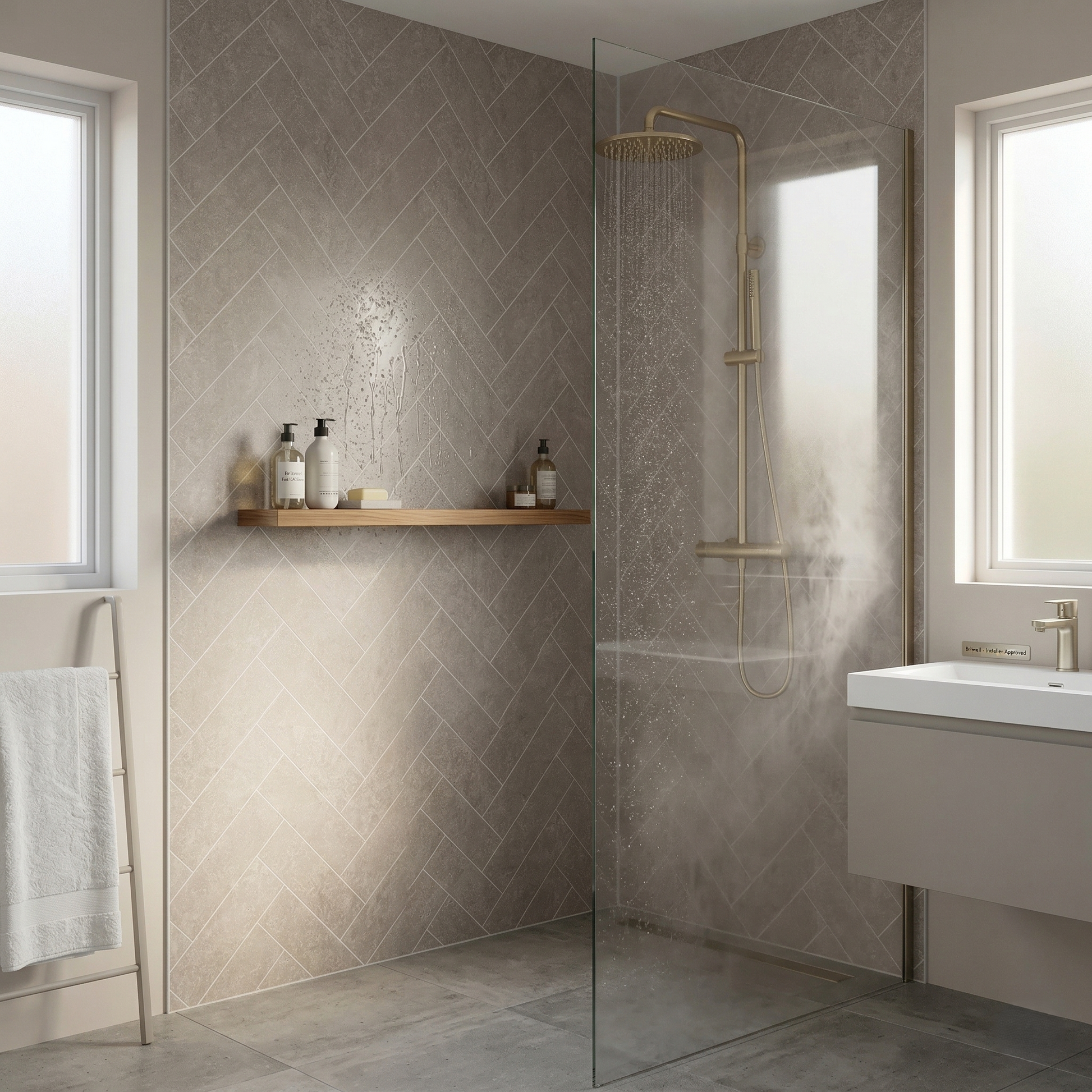 Modern bathroom with matt Light Beige Herringbone PVC Shower panel, shower enclosure, and sink.