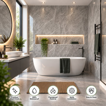 BRITWALL PVC Shower Panels Pack of 3 Carrara Marble Grey Waterproof Bathroom Wall Cladding 2400x1000x10mm Gloss Finish