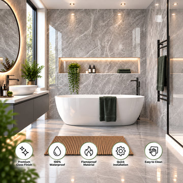 BRITWALL PVC Shower Panels Pack of 3 Carrara Marble Grey Waterproof Bathroom Wall Cladding 2400x1000x10mm Gloss Finish