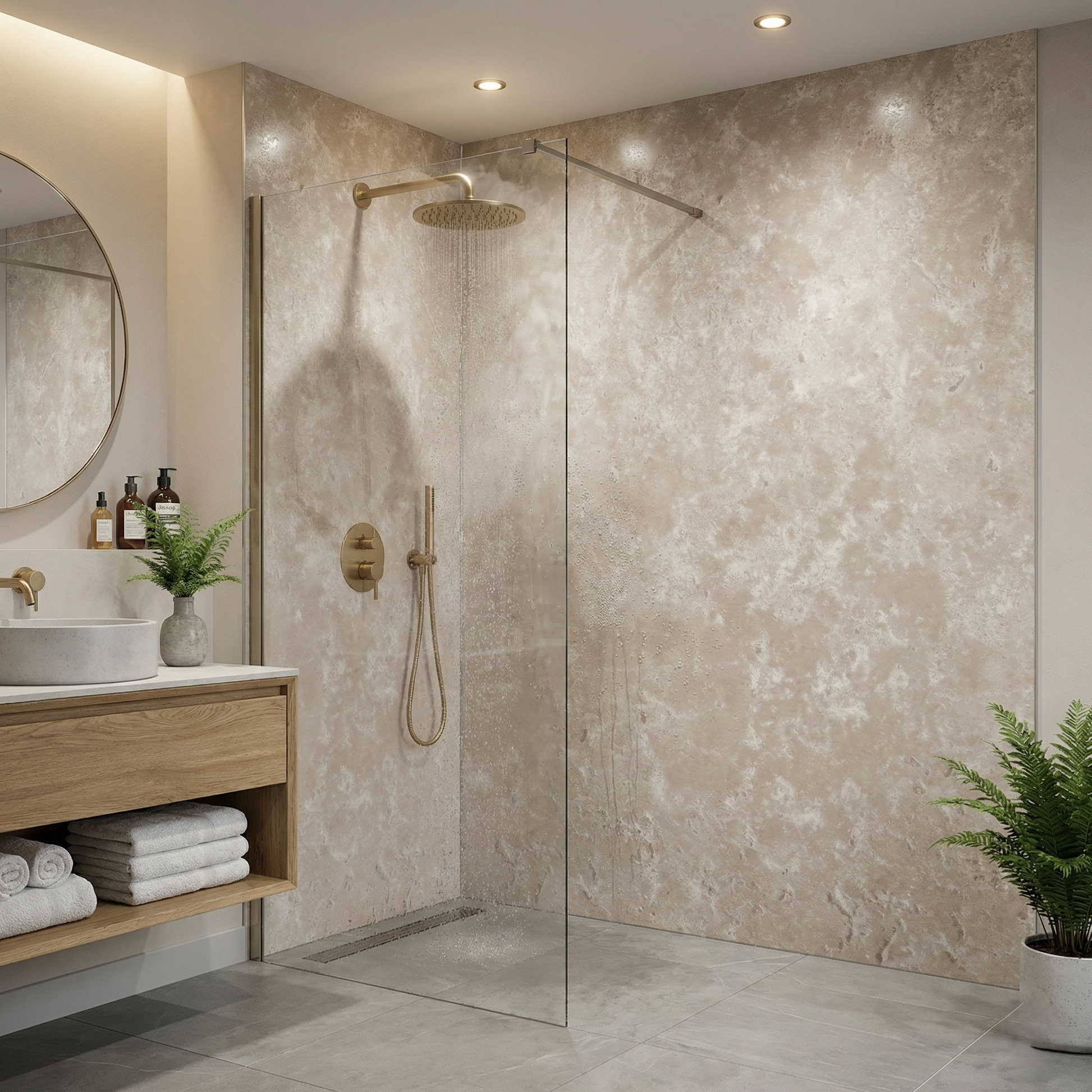 Modern bathroom with concrete beige pvc shower panels, sink, and towels