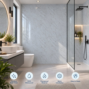 Britwall Shower Panel Waterproof Soft Carrara Marble Light Grey Gloss Bathroom Wall Cladding 2400x1000mm - Pack of 3